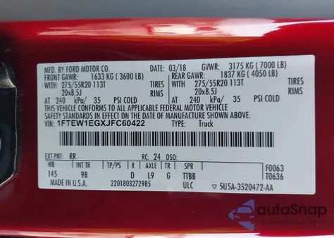 2018 Ford F-150 Platinum z USA, uszkodzony, nr VIN 1FTEW1EGXJFC60422